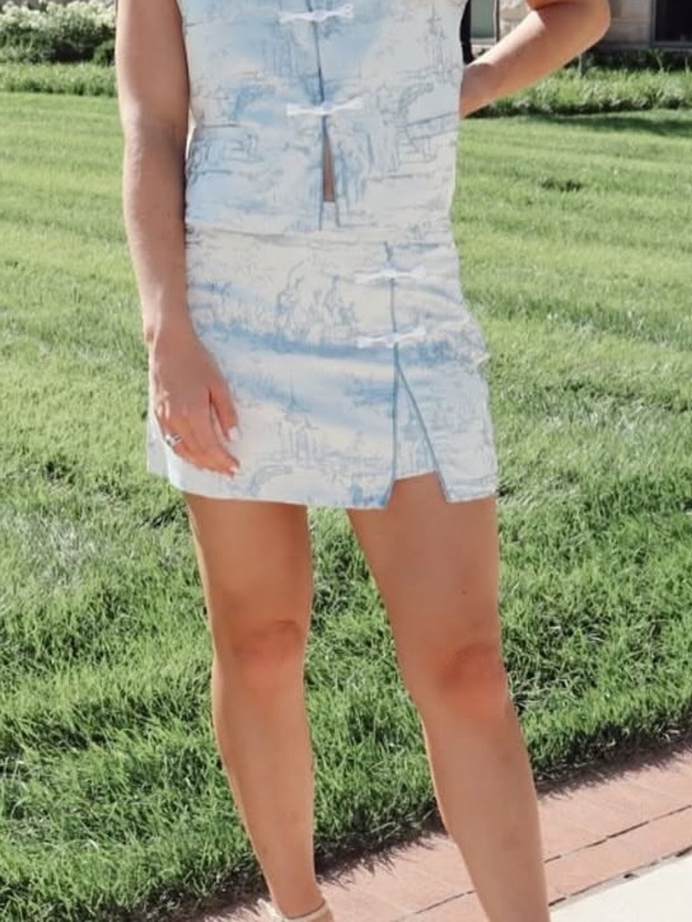 Blue and White Scenic Print Mini Skirt with Decorative Frog Closures